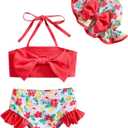 Baby Girl Swimsuit Infant Toddler Girl Bathing Suit Bikini Two Piece Swimwear with Hat (12-18 Months, Red Floral)