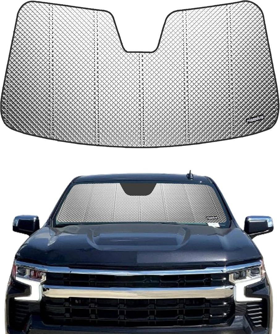 Pigenius Windshield Sun Shade for Chevrolet Silverado/GMC Sierra 1500 2022-2023. Reflective Aluminum Film Front Window Sunshade - BLAZBLOCK