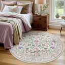 Wonnitar Floral Purple Round Area Rug 5ft, Soft Washable Kids Room Rug, Boho Ultra-Thin Non Slip Circle Carpet for Bedroom Girls Nursery Dorm Living Room Classroom, Light Purple/Pink