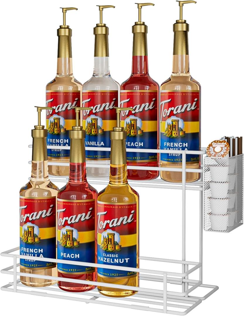 OVICAR Coffee Syrup Organizer Rack - 8 Bottle Holder Stand for Coffee Bar & Station Accessories, 2 Tiers Countertop Storage for Syrup & Wine Dressing, White