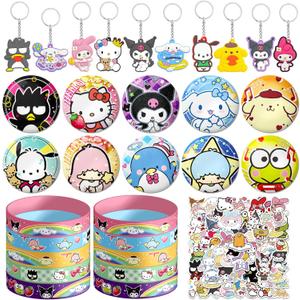 Kitty Birthday Party Supplies,Party Favors Include 10 Silicone Wristbands,10 Button Pins,10 Key Chains and 50 Stickers