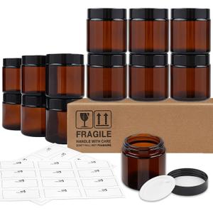 TUZAZO 4 Oz Thick Amber Round Glass Jars with Inner Lids and Black Lids, 12 Pack Small Empty Candle Making Jars/Cosmetic Containers for Lotions, Creams, Body Butters, Essential oil Beauty Products