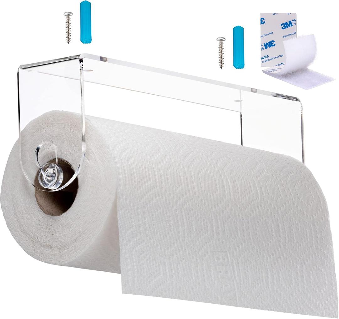 Clear Acrylic Paper Towel Holder Wall Mount Paper Towel Holder Under Cabinet, Wall Mounted Undermount Hanging Paper Towels Holder Dispenser, Holds Jumbo Rolls, Adhesive Strips & Screws Included