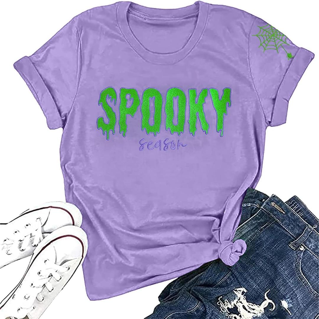 Halloween Shirts Women: Embroidered Spooky Season T Shirt Retro Spooky Graphic Short Sleeve Tops (Purple, L)