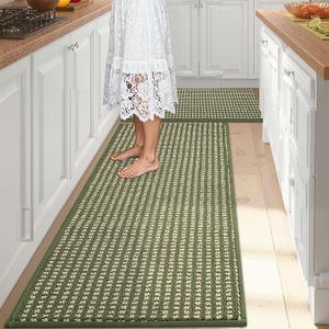 Kitchen Rugs,Non Slip Absorbent Kitchen Mats for FloorThick Stain Resistant Washable Kitchen Floor Mat Runner Carpet for Hallways,Entryway,Laundry Room,Sink(17"x29"+17"x59",Green,Roll Package)