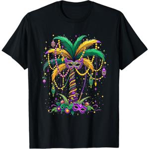 Mardi Gras Palm Tree Hawaiian Tropical Party Men Women Kids T-Shirt (4XL, Black)