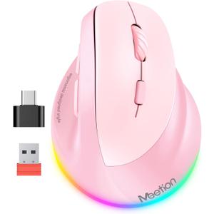 MEETION Ergonomic Mouse, Wireless Vertical Mouse RGB Backlit Rechargeable Mice for Bluetooth(5.2 + 3.0) USB-A with Type-c Adapter 4 Adjustable DPI Compatible Mac/Windows/Andriod/PC/Tablet/iPad Pink