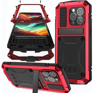 NINKI Metal Case Compatible with iPhone 15 Pro, Military Rugged Shockproof Dustproof Case with Screen Protector, Kickstand, Red