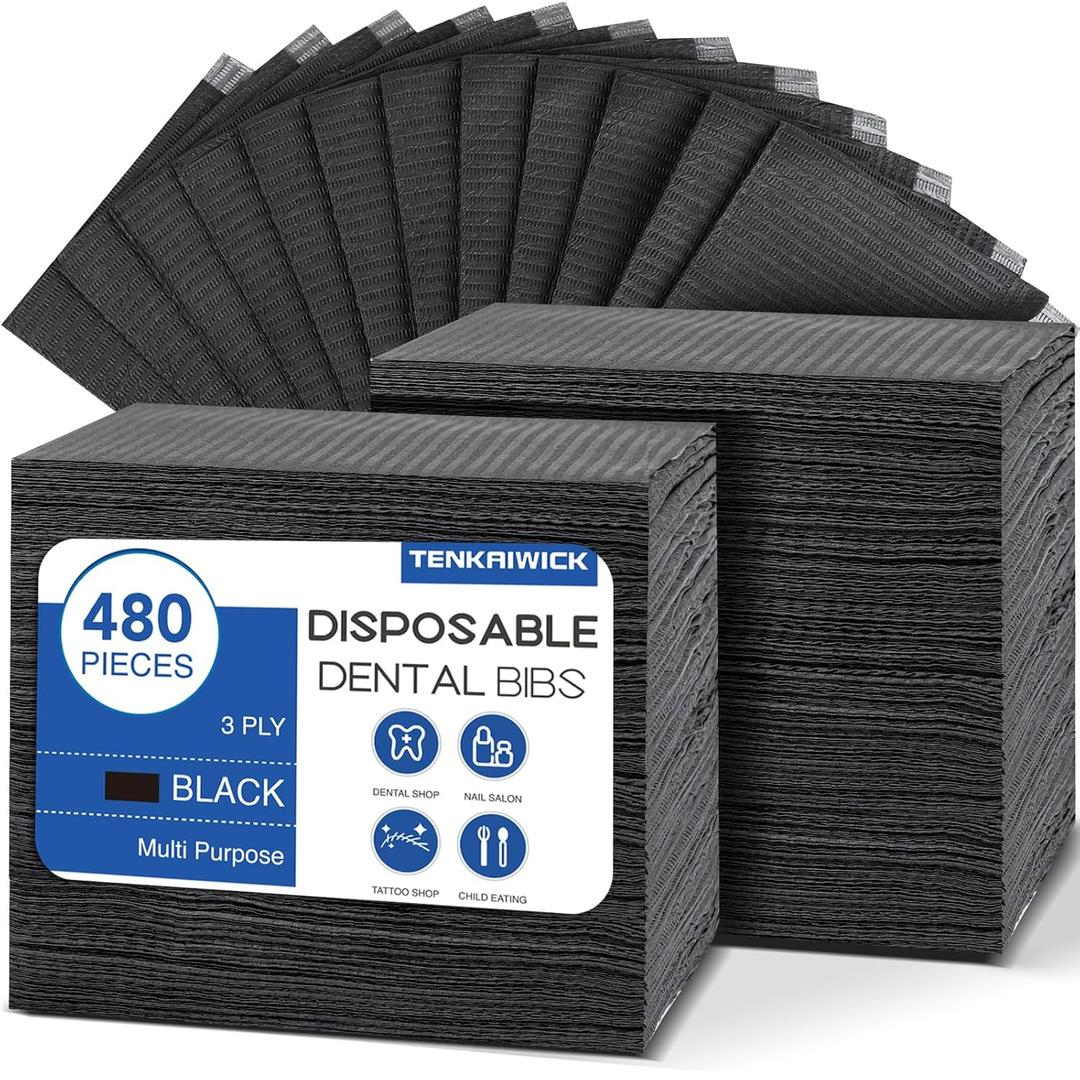 480 Pack Disposable Dental Bibs 13"x18", 3-Ply Waterproof Tattoo Bibs Sheet for Nail Salon, Dental Clinic, Feeding, Tattoo Shop (Black)