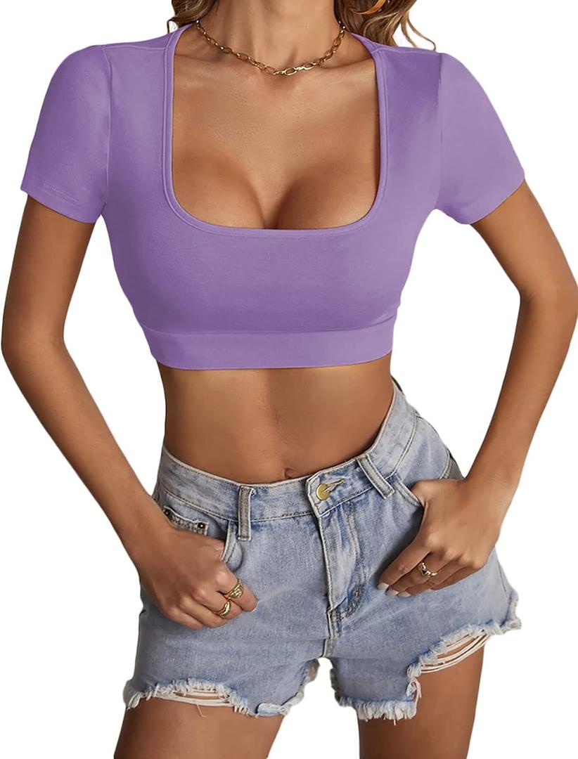 LYANER Women's Scoop Neck Sexy Crop Tops | Summer Short Sleeve Fitted Basic Tee Workout Y2K Cropped T Shirt