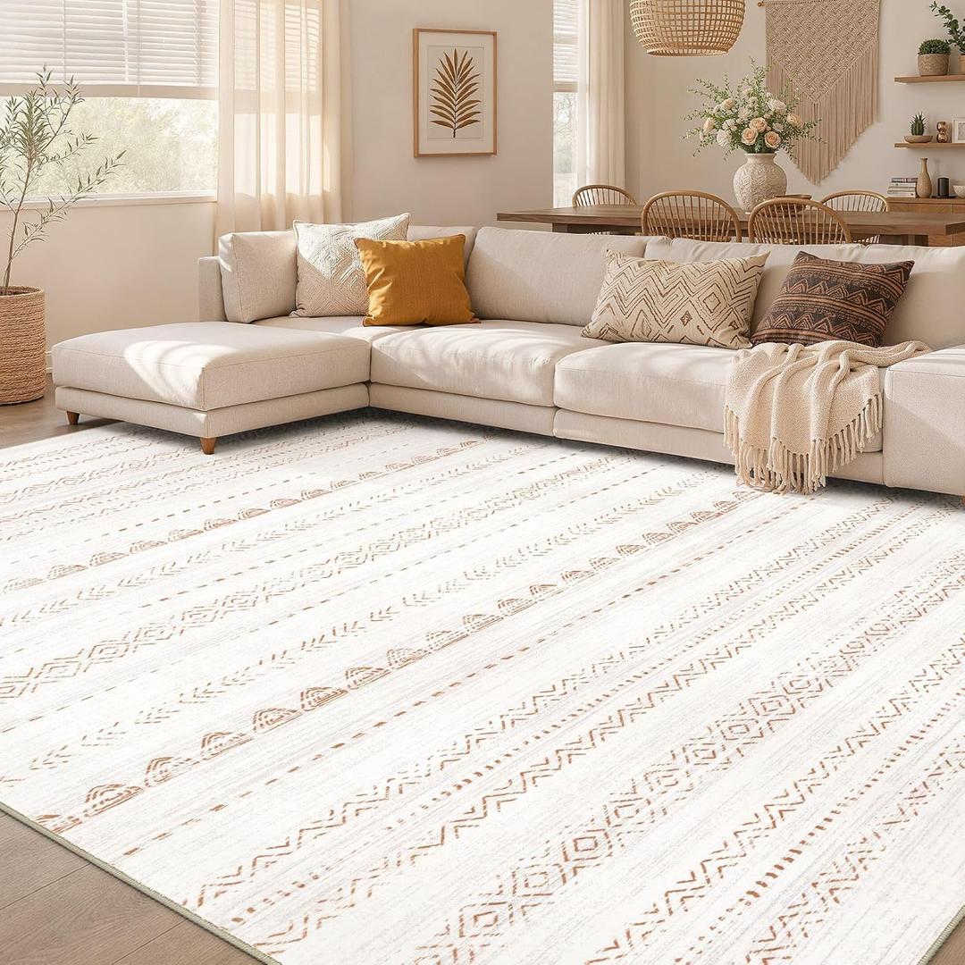 Nakagishi 10x13 Area Rugs Living Room: Washable Boho Large Neutral Soft Farmhouse Rug Stain Resistant Modern Moroccan Non-Slip Indoor Floor Carpet for Bedroom Nursery Kids Playroom Office- Brown