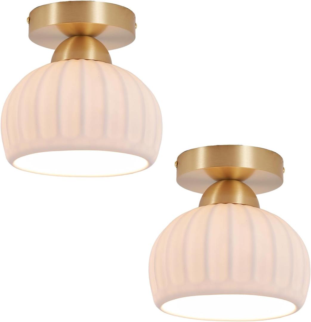 2 Pack Ceramic Brass Semi Flush Mount Ceiling Light Vintage Hallway Light Fixtures, Modern Small Ceiling Mount Light Lamp for Hall Kitchen Entryway Passway Porch Foyer
