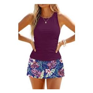 DACI Women's Purple Leaves Tankini Swimsuits with Skirt Two Piece tummy control bathing suits high neck swimwear, Small