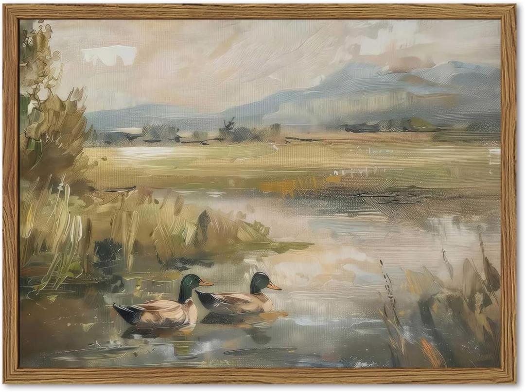 Framed Vintage Mallard Duck Wall Art Countryside Wildlife Pond Nature Canvas Prints Rustic Landscape Pictures Wall Decor for Living Room Bedroom Dining Room Offices 16x24 inch