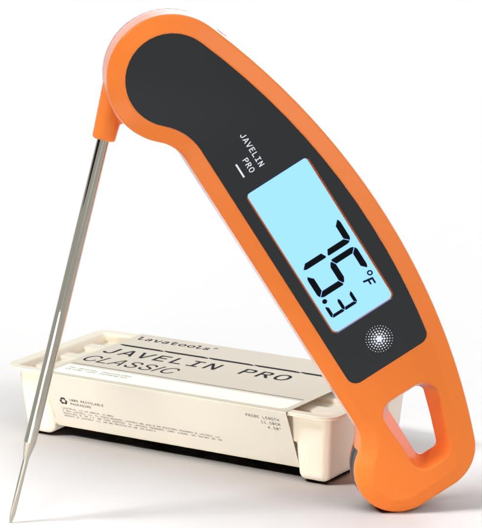Lavatools Javelin PRO Duo Ultra-Fast 2-Second Professional Digital Instant Read Meat Thermometer for Grill and Cooking, Auto-Rotating Backlit Display, IP65 Water Resistant, NSF Certified  Tangerine