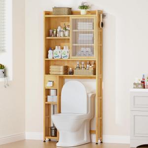 Over The Toilet Storage Cabinet with Acrylic Door Panel and Paper Towel Drawer, Bamboo Space Saver Shelf, Bathroom Organizer Rack Above WC (Without Power Strip, Natural)