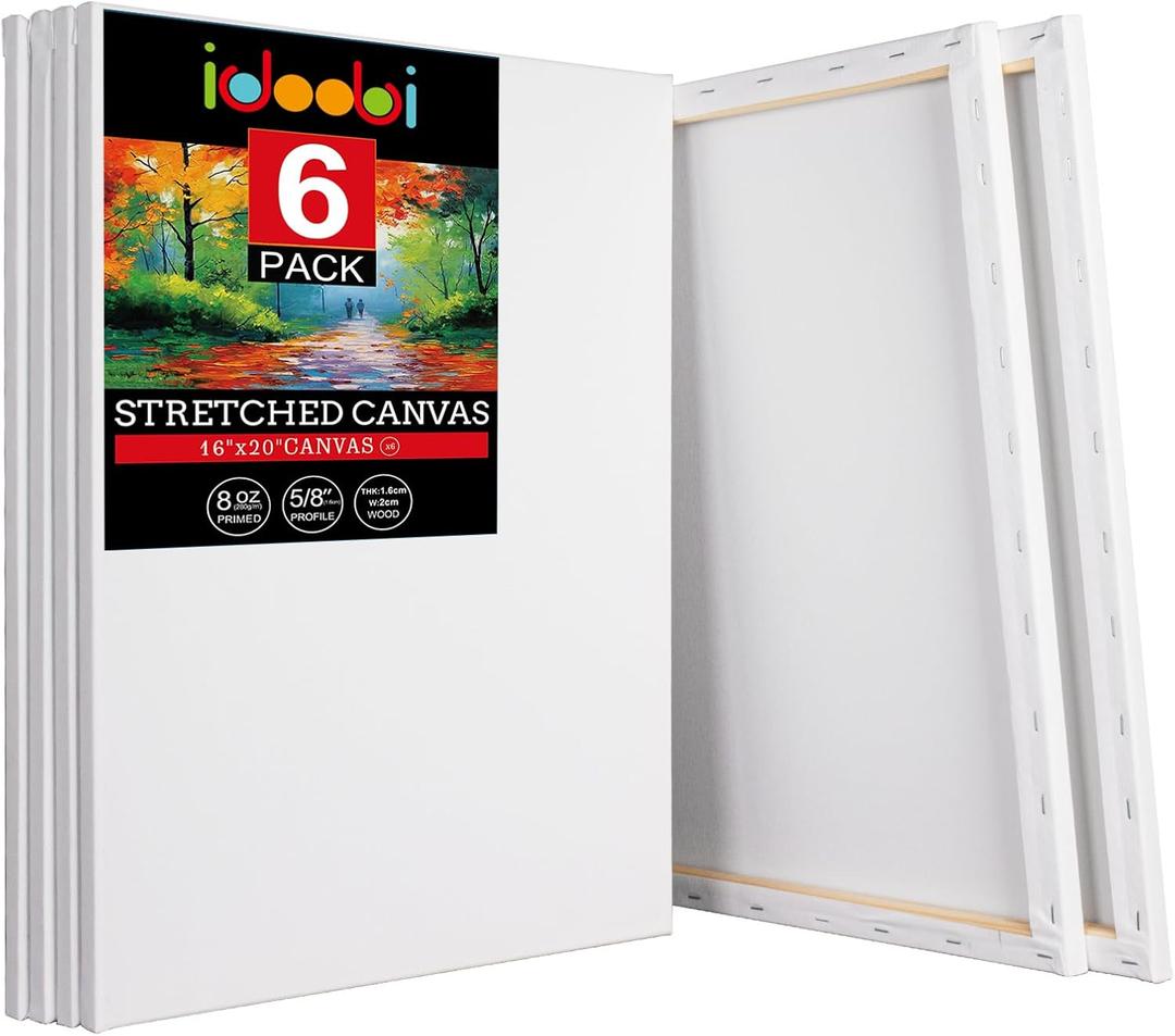 Stretched Canvases for Painting 6 Pack 16x20 100% Cotton Large Canvas Boards for Painting, White Painting Canvas for Oil, Acrylic Paint & Other Painting Media