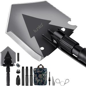iunio 38inch Survival Folding Shovel with Handle Lock Design, Portable Entrenching Tool, Foldable Camping Multitool, Tactical Collapsible Spade for Hiking, Backpacking, Offroading, Car Emergency (Silver)
