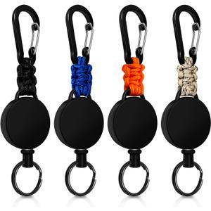 Retractable Keychain 4 Pieces Heavy Duty Carabiner Badge Holder Retractable Badge Reel ID Holder Extendable Key Ring Key Holder with 23.6 Steel Cord and Paracord(Black + Beige + Blue + Orange)