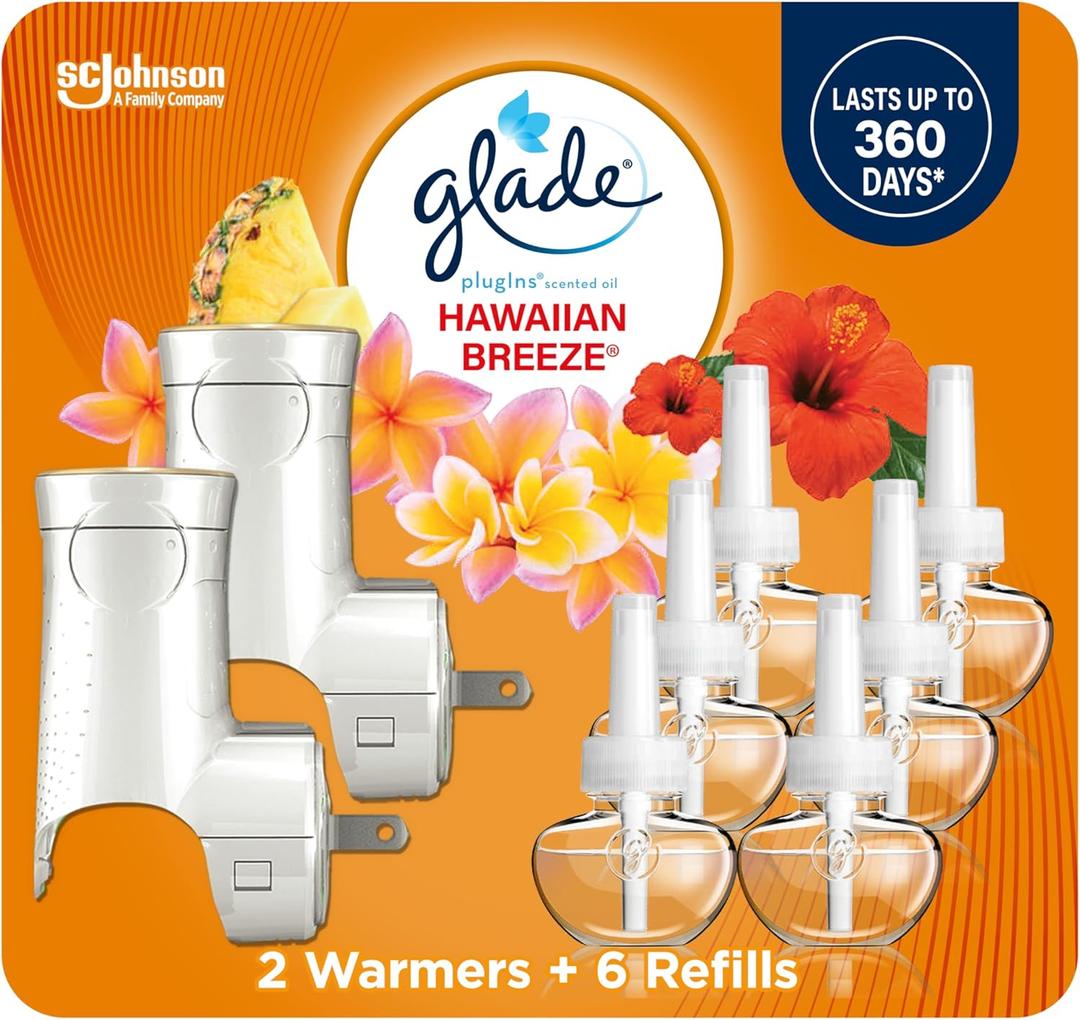 Glade PlugIns Refills Air Freshener Starter Kit, Scented and Essential Oils for Home and Bathroom, Coastal Sunshine Citrus, 4.02 Fl Oz, 2 Warmers + 6 Refills