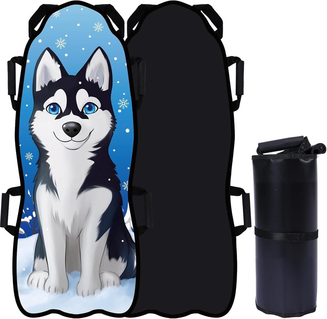 Soulchen 45" x 18" Foldable Snow Sled Husky Dog Portable Snow Boards for Kids and Adults Strong and Durable Snowboard Toys for Outdoor Handles with Steering for Winter