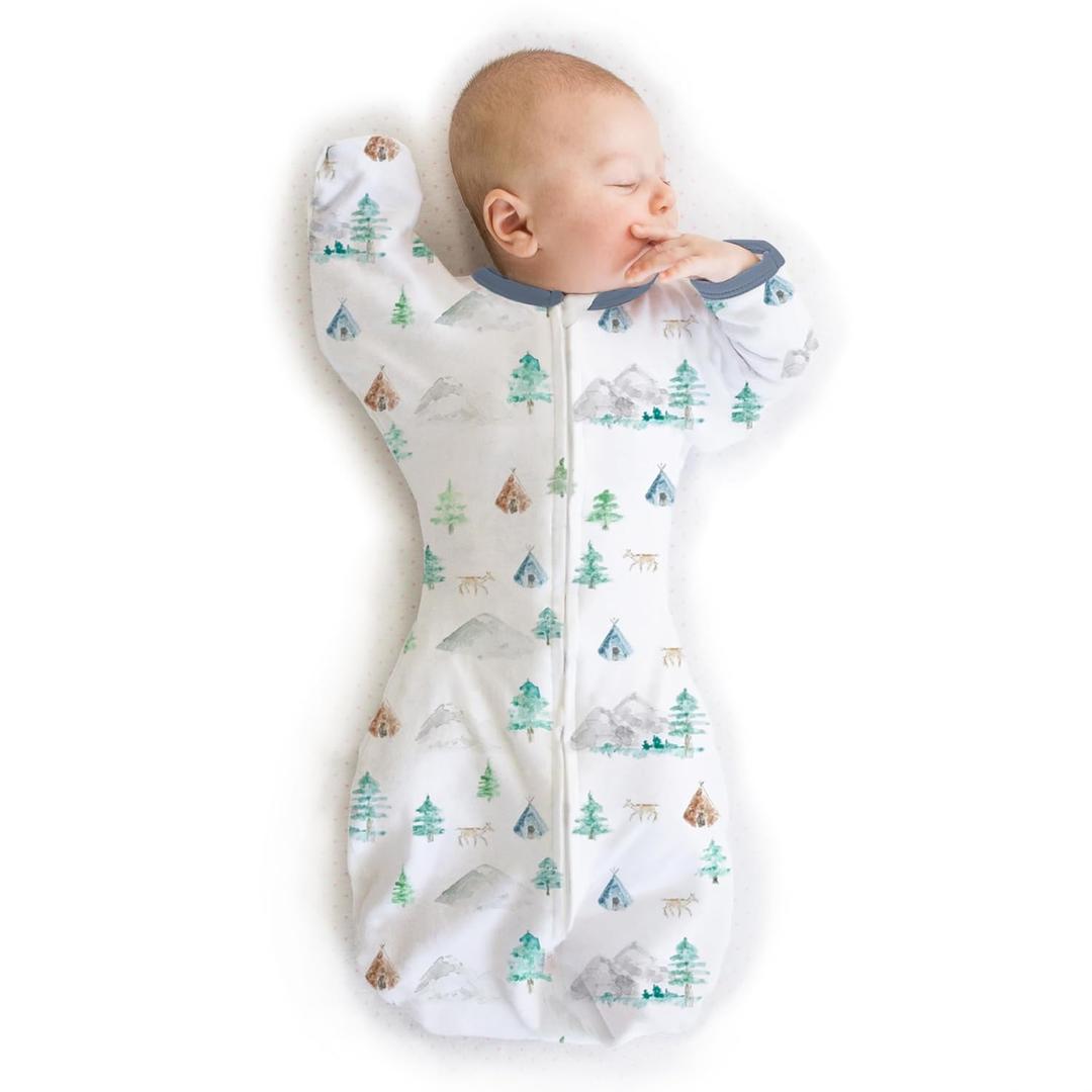SwaddleDesigns Transitional Swaddle Sack, Arms Up Half-Length Sleeves & Mitten Cuffs, Swaddle for Newborn Transition to Baby Sleep Sack Wearable Blanket, 3-6 mo, Medium 14-21 lb, Watercolor Mountains & Trees