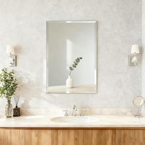 Frameless Bathroom Mirror for Wall, Rectangle Beveled Edge Mirror for Over Sink, Tempered Glass, Shatterproof, Hangs Horizontally or Vertically for Living Room, Entryway, Restroom, 24" x 16"