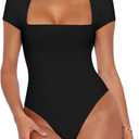 REORIA Womens Sexy Square Neck Double Lined Shirt Stretchy Basic Short Sleeve Going Out Thong Bodysuit Tops (Black)