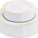 I00000 60 Pieces Gold Plastic Plates, Heavy Duty White and Gold Plastic Plates for 30 Guests Include: 30 Gold Rim Dinner Plates and 30 Gold Dessert Plates Perfect for Wedding & Party