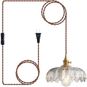Plug in Pendant Light Fixtures, Plug in Hanging Lamps Glass Hanging Lights, Pendant Lighting for Kitchen Island, Bedroom, Dining Room, Living Room, E26 No Bulb (Brown)