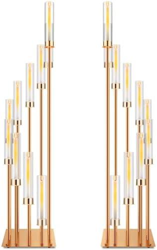Dandat 2 Pcs 10 Arms Gold Candelabra 50" Tall Wedding Candle Holder Centerpieces Acrylic Pillar Candle Floor Stand Candelabra with Clear Acrylic Shades for Flameless Candle Birdal Valentines Day