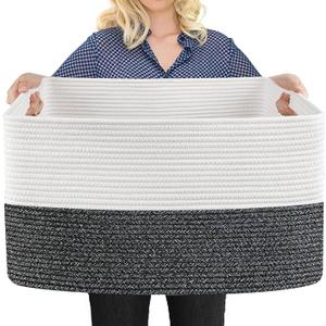 MEGASKET Extra Large Toy Box, 22" x 17" x 12" Rectangle Blanket Basket Living Room, Woven Cotton Rope Baskets for Storage, Soft Toy Storage Organizer Bin Chest, Kids Toy Box fo Living Room (White & Black Stripe)