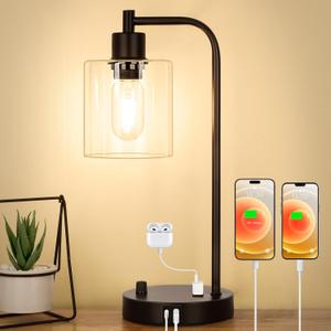 Industrial Table Lamp with USB A+C Ports and Outlet, Fully Stepless Dimmable Modern Nightstand Lamp, Glass Shade Bedside Desk Lamp for Bedroom Living Room Office, 8W 2700K LED Edison Bulb Included