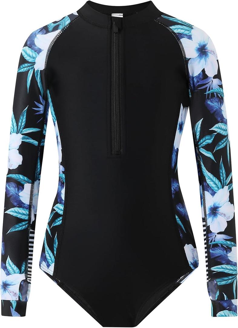 Girls Long Sleeve Rashguard Swimsuit UV Protection One-Piece Swimwear Bathing Suit (11-12 Years, Blue Floral Print)