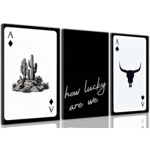 Yxjyzzkx 3-Piece Western Playing Card Wall Art Canvas Set, Black and White Cowboy Aesthetic Wall Decor, Ace of Spades Longhorn Minimalist Quote Canvas Prints for Living Room Bedroom Office (16L"x12W")