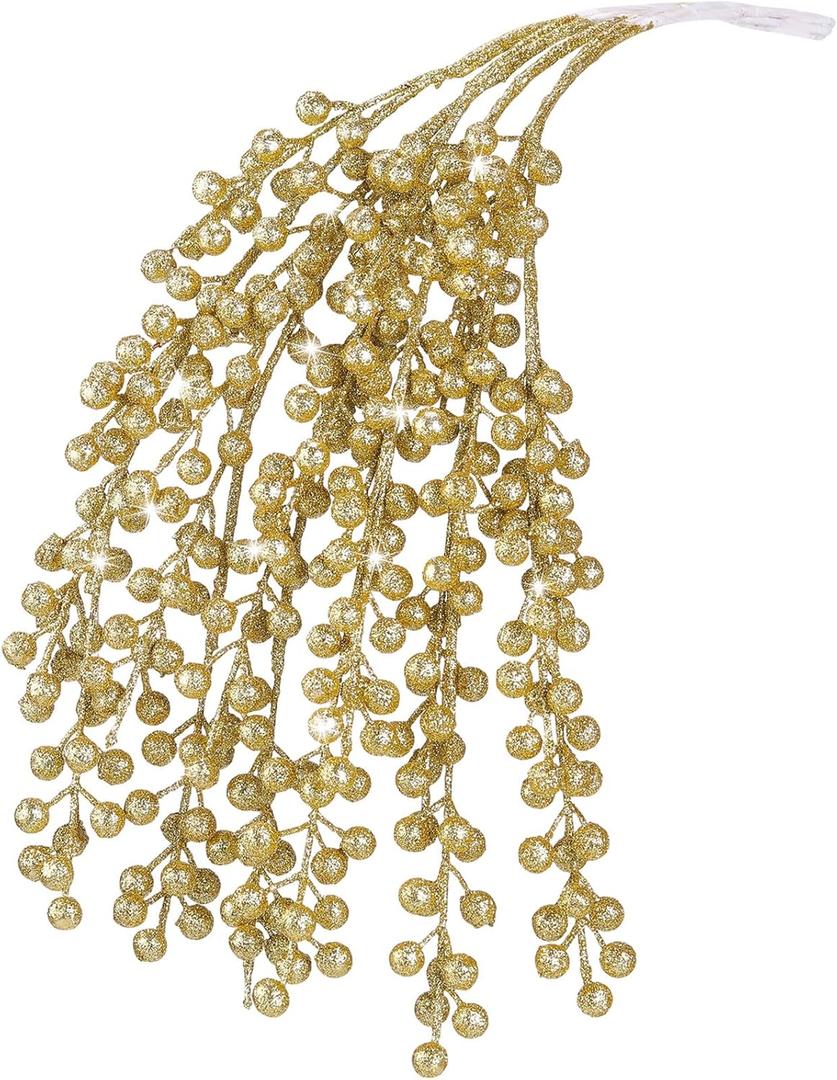 Gold 6 Pcs Long Christmas Glitter Berry Stems 23.6 Inch Artificial Berries Sprays Branches Bendable Floral Pick Christmas Tree Vase Filler Ornaments for Xmas Tree Craft DIY Wreath Decor