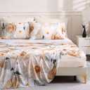 LONAVA Floral Queen Size Bed Sheet Set, 6 Piece, Deep Pocket Beige Fitted Sheet, Comfy & Breathable Patterned Flat Sheets, Premium Microfiber, Gold Painted Flowers Printed