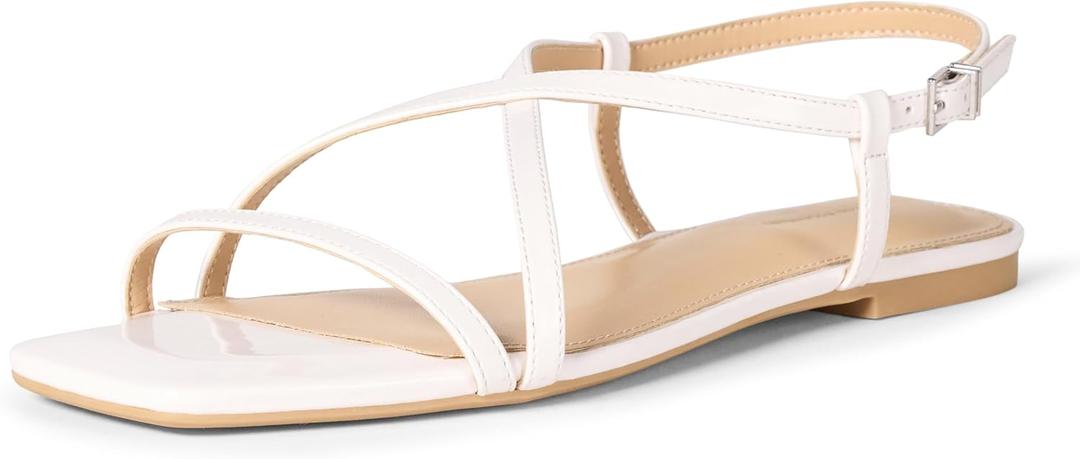 Amazon Essentials womens Flat Strap Sandals (8, White Patent)
