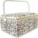 Large Empty Sewing Basket Box with Removable Tray for Mending Crafting and Storage, Green Garden
