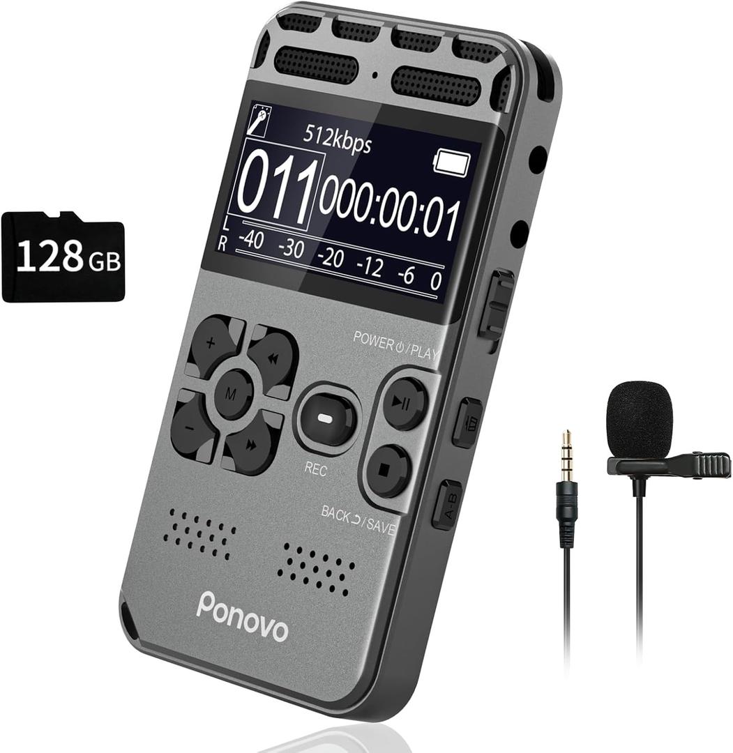 136GB Digital Voice Recorder with Playback, 1536Kbps Dual Microphone Stereo Audio Activated Recorder, Ponovo Ultra-Slim Mini Recording Device with Noise Reduction for Lectures, Interviews, Meetings