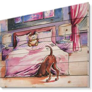 Brown Dog Looking Under the Bed - Farmhouse Print on Natural Pine Wood,Pink (30L" x 40W")