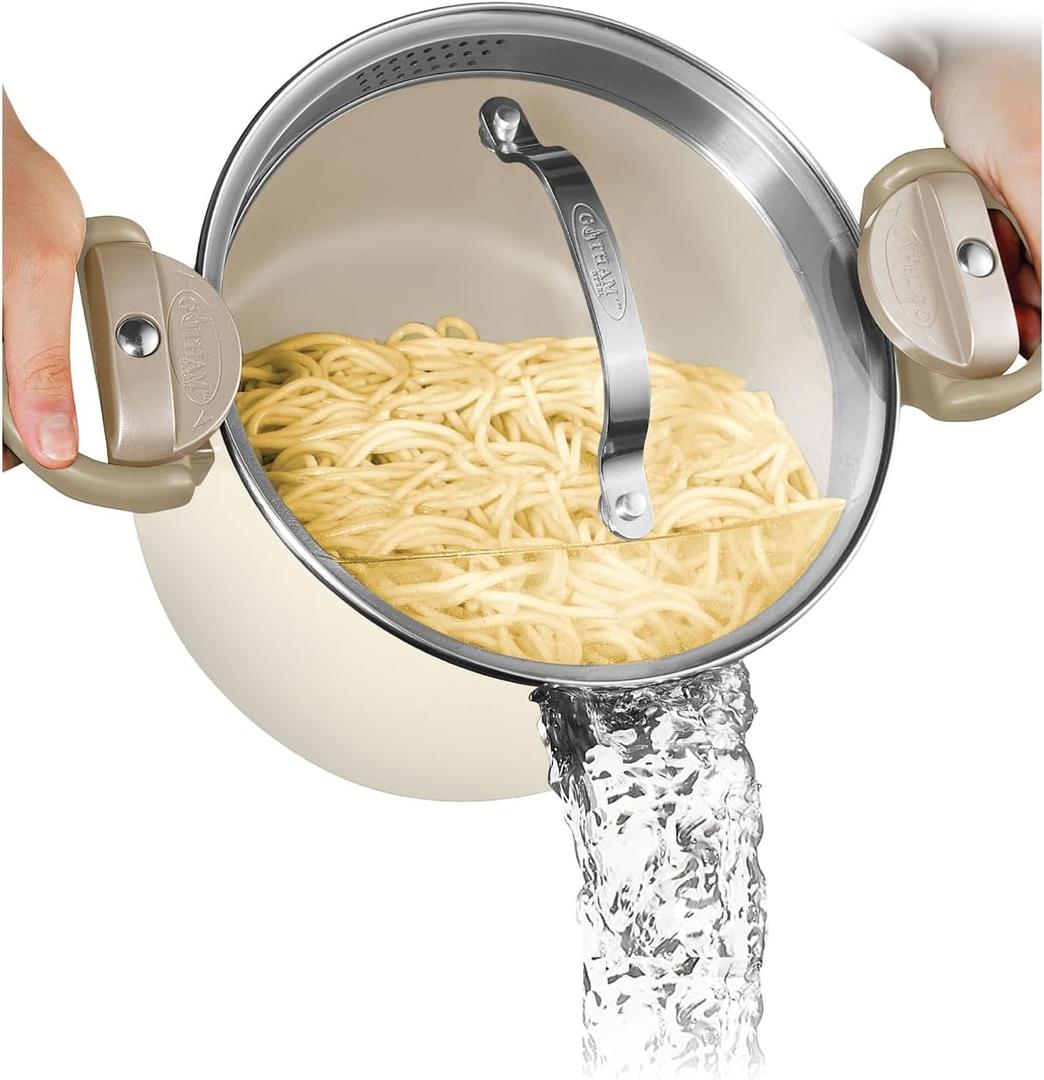 Gotham Steel 8 Qt Large Ceramic Stock Pot for Cooking, Multipurpose Pasta Pot with Strainer Lid for Spaghetti, Soup, Rice, Large Cooking Pots with Lids and Twist & Lock Handles, Dishwasher Safe (Cream White)