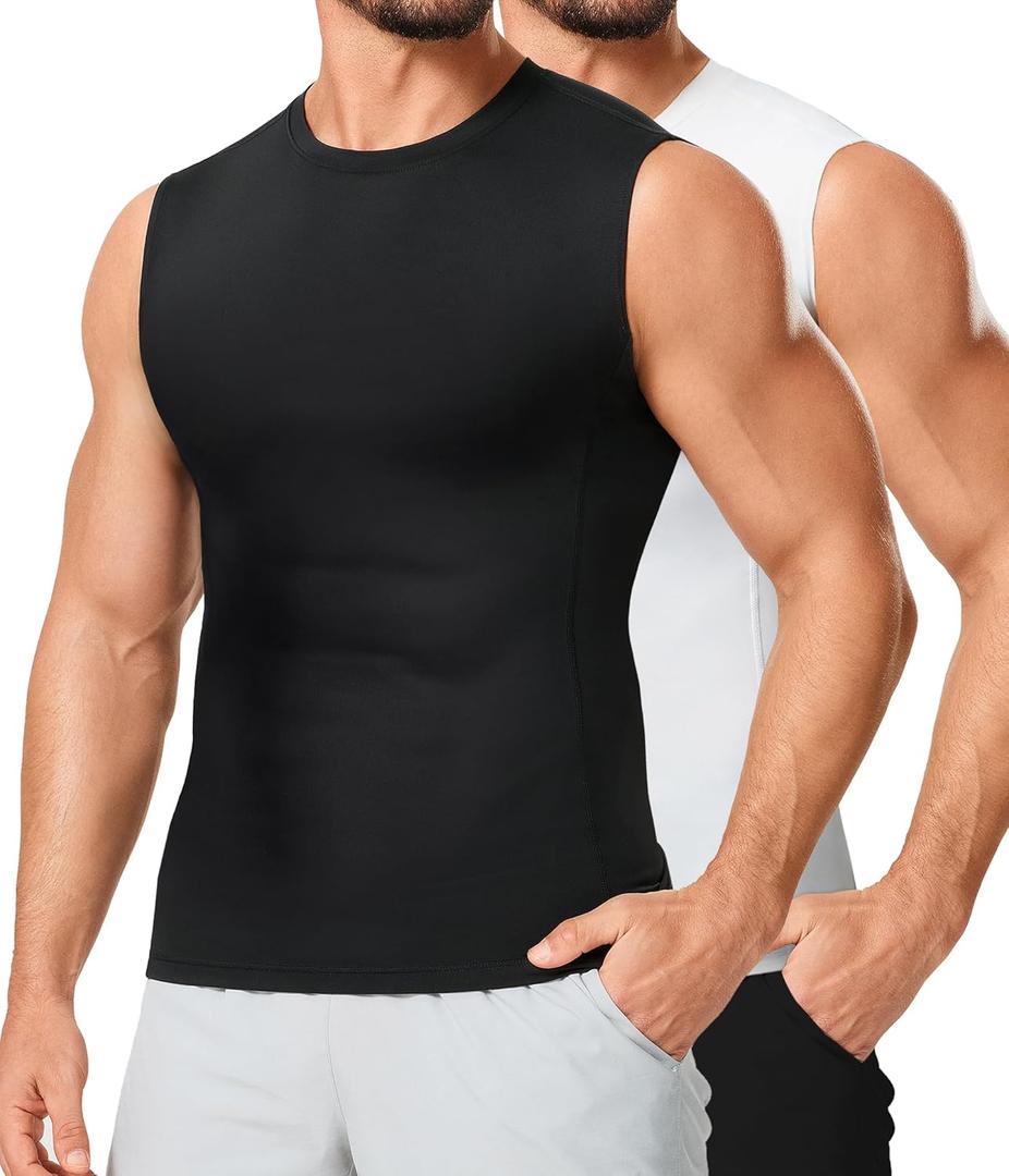 TAILONG 2 Pack Compression Shirt Men - Athletic Base Layer Sleeveless Workout Tank Top Slimming Undershirt XL