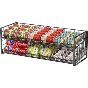2-Tier Stackable Can Organizer for Pantry, Adjustable Extra-Long Can Rack for Pantry Shelf Organizer and Storage, Sturdy Standing Can Holder for Canned Soup Food Goods Storage up to 64 Cans, Black