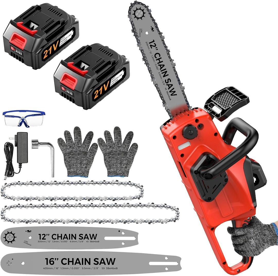 Battery Powered Chainsaw,12" & 16" Dual Guide Plate.21V Electric Cordless Chainsaw with 2 Batteries and Charger.Brushless Chain Saw Kit with Safety Goggles and Gloves for Tree Pruning and Wood Cutting