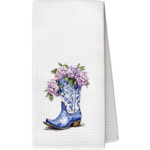 Chinoiserie Western Kitchen Towels, Hydrangea Floral Chinoiserie Cowgirl Boots Decorative Tea and Dish Towels, Cowgirl Gifts for Women, Western Hand Towels for Bathroom, 16x24 Inch