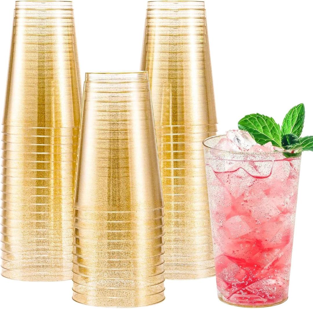 Lamosi 100 Pack 14 oz Gold Plastic Cups, Disposable Gold Glitter Plastic Cups, Fancy Clear Plastic Cocktail Cups for Wedding, Thanksgiving, Christmas, Parties