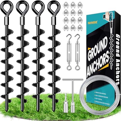 Ground Anchors Shed Anchors Kit with 1/8" Galvanized Cable and Turnbuckles, Trampoline Stakes Heavy Duty Earth Anchor for Sheds Canopy Gazebo Mobile Home Swing Set(4x15in)