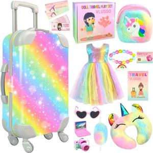 19Pcs 18 inch Girl Doll Accessories Case Luggage Travel Play Set with Clothes Camera Travel Pillow Bag Dress Glasses Stuff Fit 18 inch Doll Christmas Birthday Gift