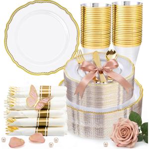 Hioasis 350pcs Clear Gold Plastic Plates - Gold Plastic Dinnerware Set Includes 50 Dinner Plates, 50 Dessert Dinnerware, 50 Cups, 50 Rolled Napkin Cutlery Perfect for Wedding & Party